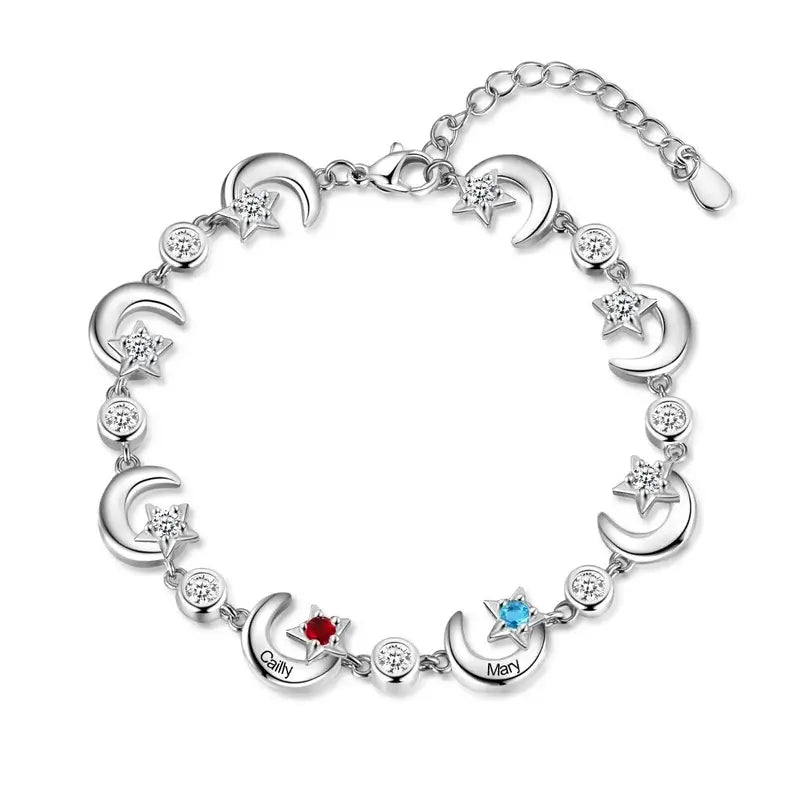 Star Moon Personalized Birthstone Bracelet | Engraved Name Bracelet