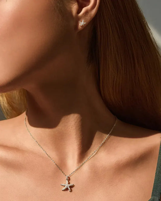 Starfish Jewelry Set in 925 Sterling Silver - necklace and earring worn on a model