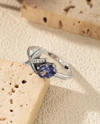 Starfish ring with oval violet zirconia in 925 sterling silver