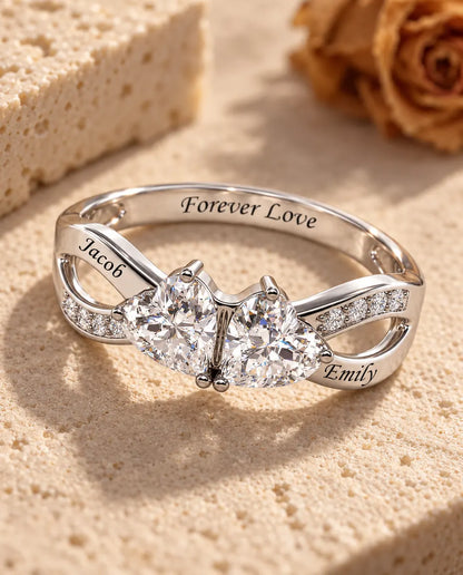 2 Birthstone Name Ring - three-quarter view showing names and birthstones