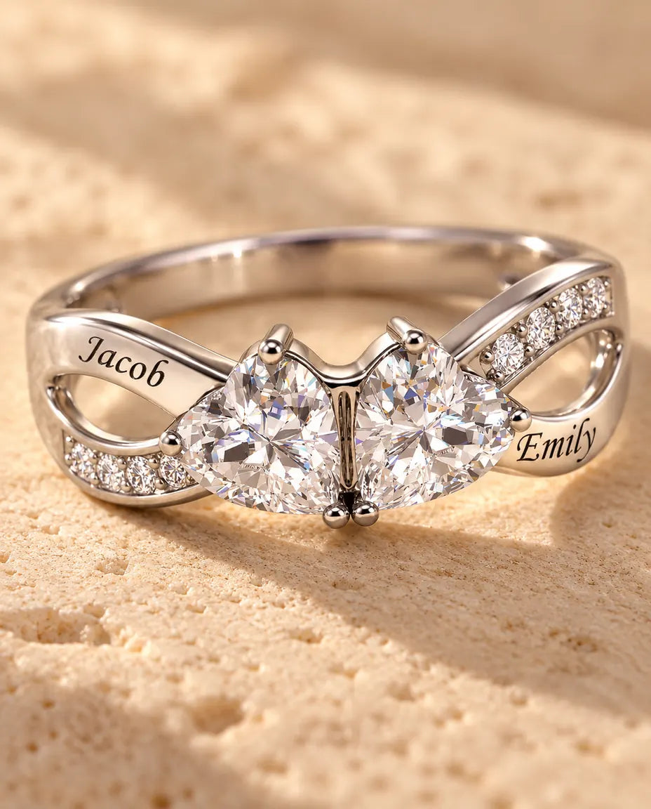 2 Birthstone Name Ring - close-up of the birthstones and engraved names