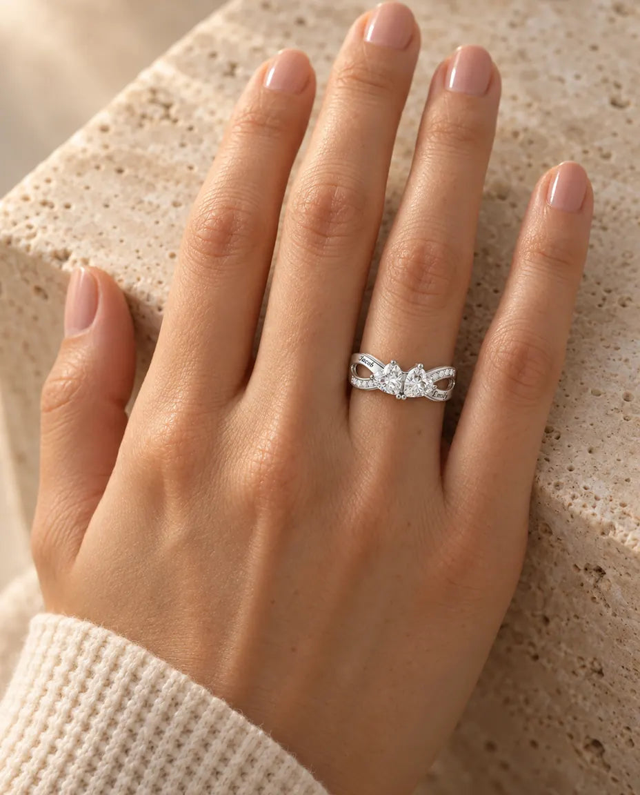 2 Birthstone Name Ring - worn on the hand, close-up