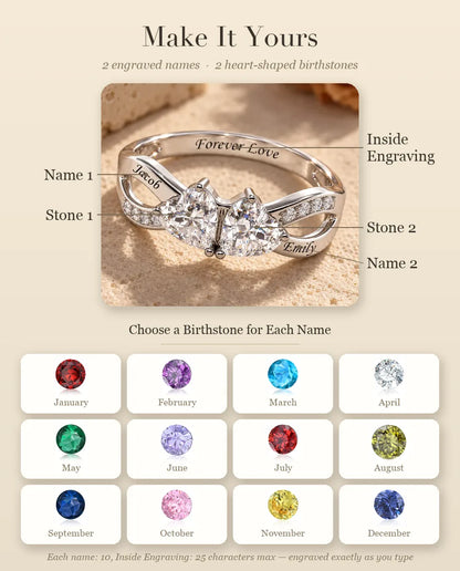 2 Birthstone Name Ring - personalization guide: names, birthstones and inside engraving