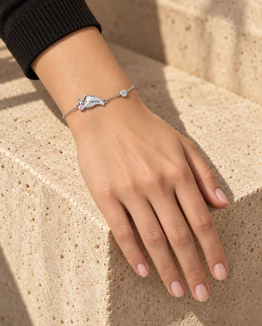 Personalized Baby Feet Birthstone Bracelet - worn on a model