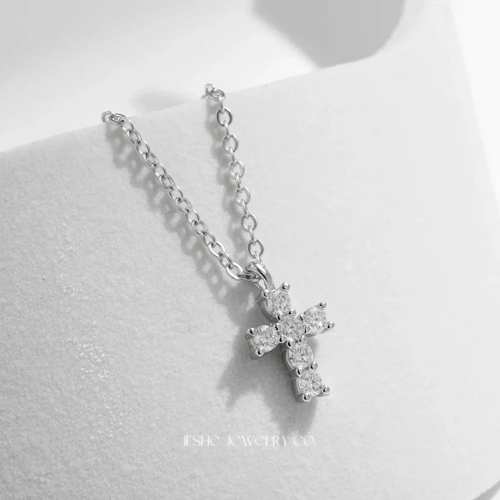 Sterling Silver Cross Necklace for Women - Silver Cross Pendant Moissanite Necklace