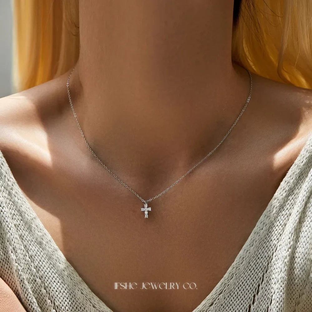 Sterling Silver Cross Necklace for Women - Silver Cross Pendant Moissanite Necklace
