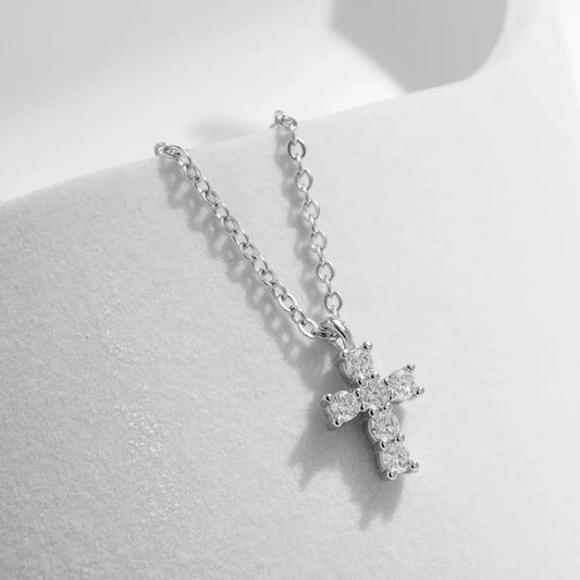 Sterling Silver Cross Necklace for Women - Silver Cross Pendant Moissanite Necklace