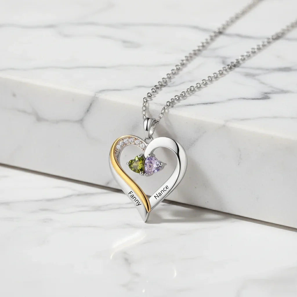 Sterling Silver Engraved Heart Necklace with Birthstones