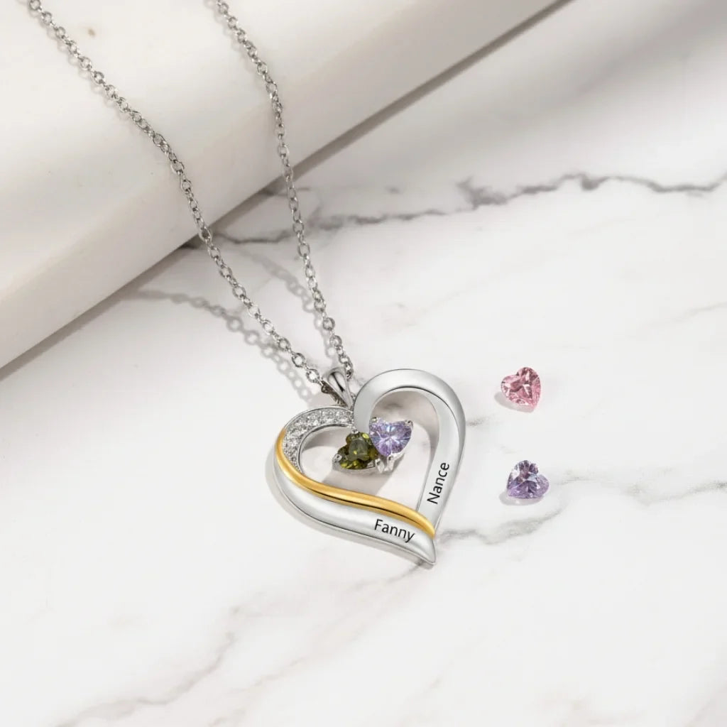 Sterling Silver Engraved Heart Necklace with Birthstones