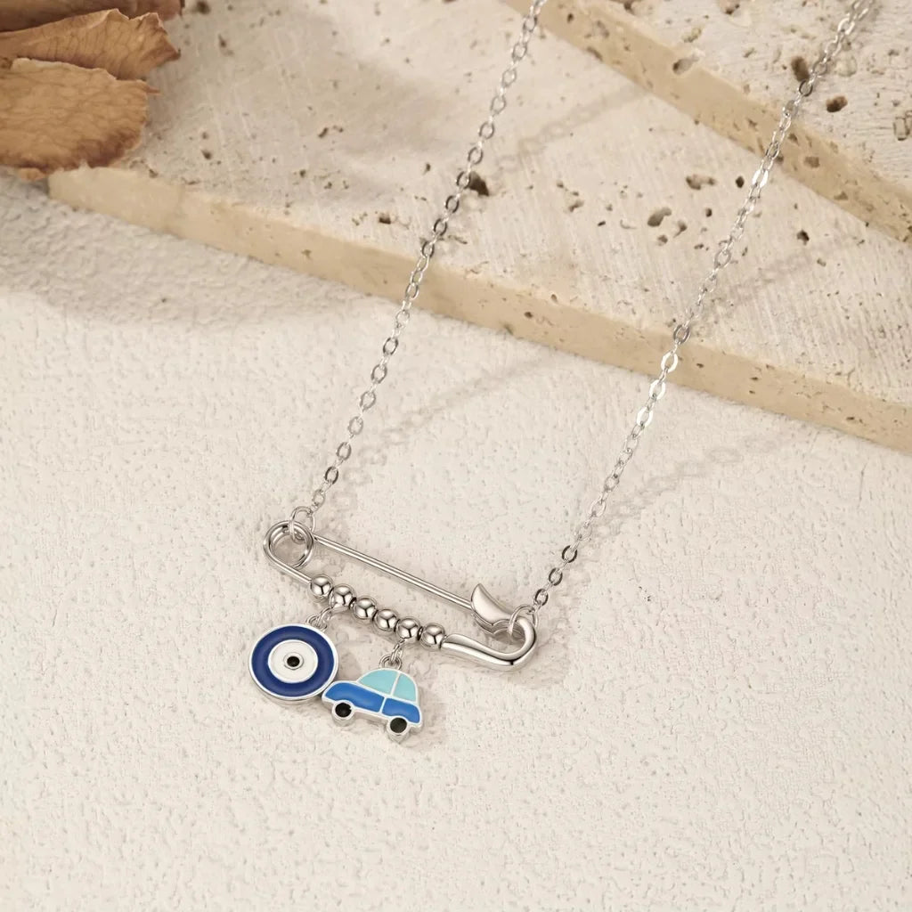 Sterling Silver Evil Eye & Car Charm Necklace - Evil Eye Choker for Women