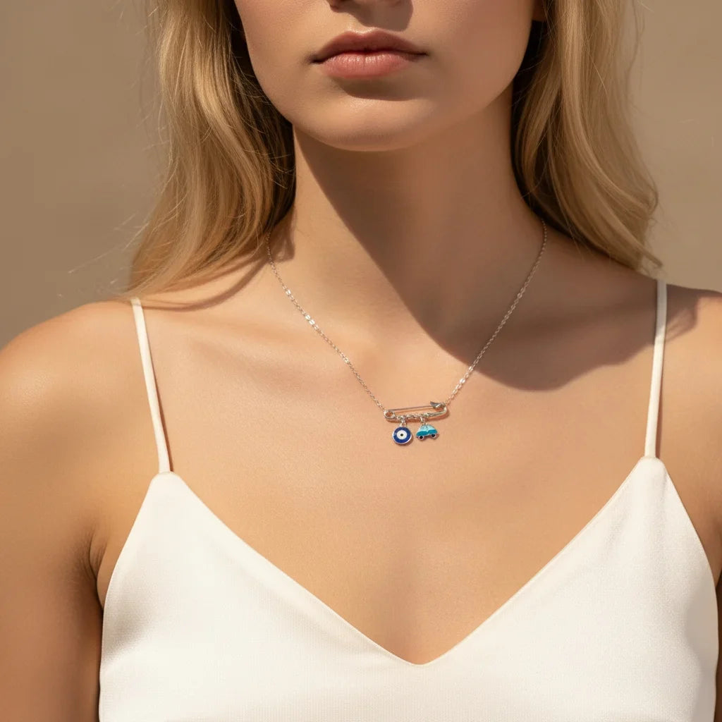 Sterling Silver Evil Eye & Car Charm Necklace - Evil Eye Choker for Women