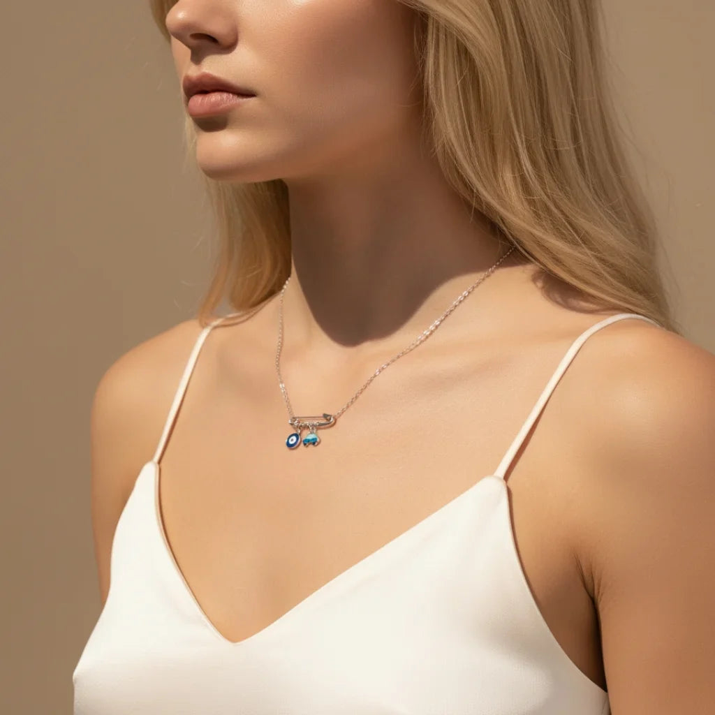 Sterling Silver Evil Eye & Car Charm Necklace - Evil Eye Choker for Women