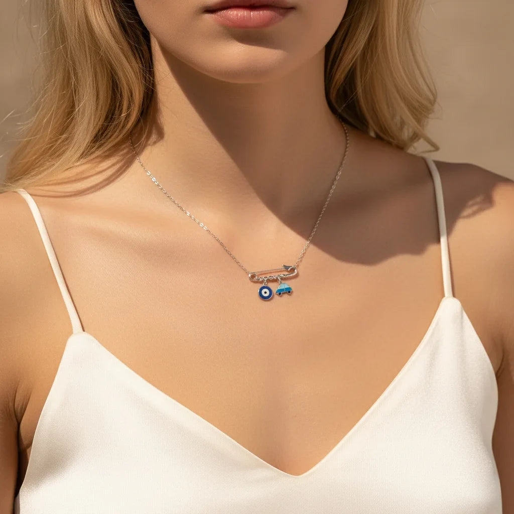 Sterling Silver Evil Eye & Car Charm Necklace - Evil Eye Choker for Women