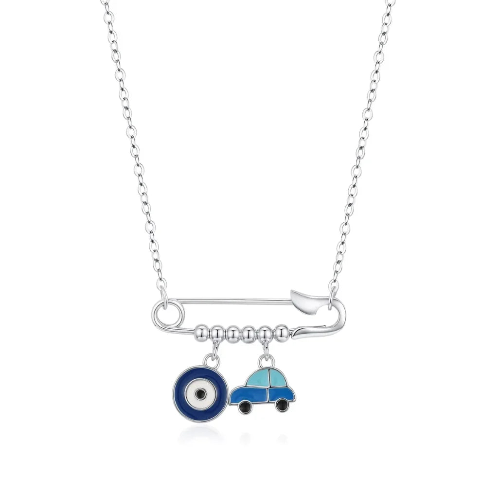 Sterling Silver Evil Eye & Car Charm Necklace - Evil Eye Choker for Women
