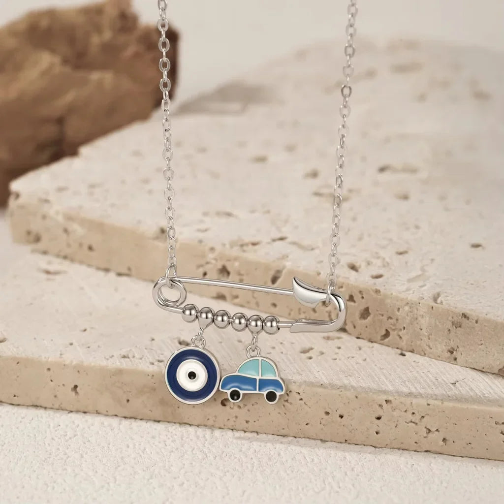 Sterling Silver Evil Eye & Car Charm Necklace - Evil Eye Choker for Women