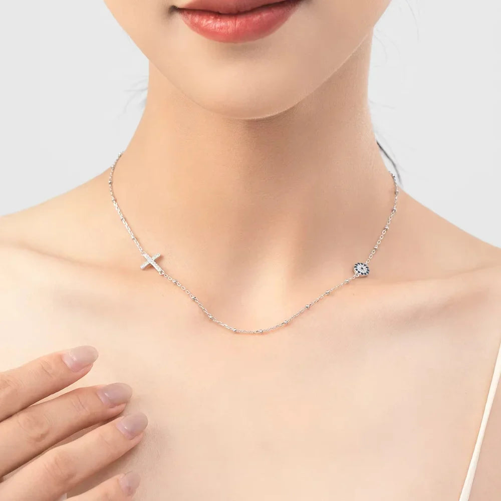 Sterling Silver Evil Eye & Cross Charm Necklace - Evil Eye Choker