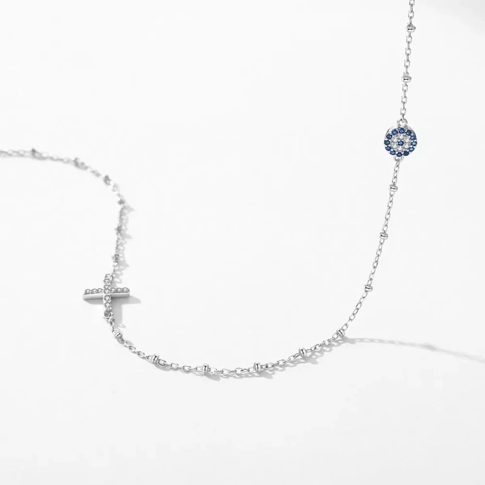 Sterling Silver Evil Eye & Cross Charm Necklace - Evil Eye Choker