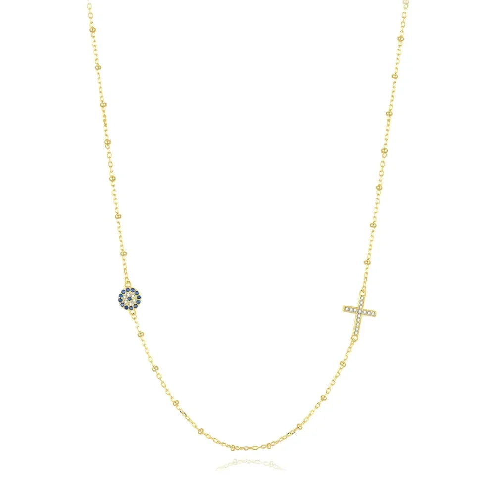 Sterling Silver Evil Eye & Cross Charm Necklace - Evil Eye Choker