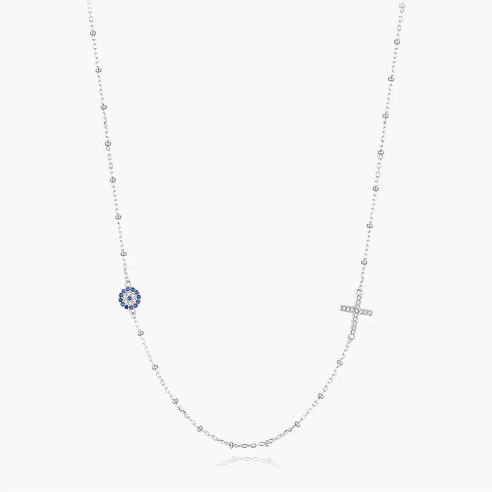 Sterling Silver Evil Eye & Cross Charm Necklace - Evil Eye Choker
