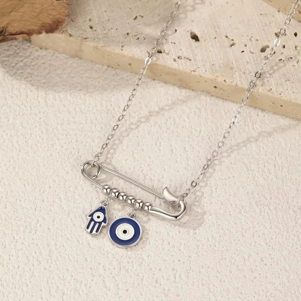 Sterling Silver Evil Eye & Hamsa Hand Charm Necklace