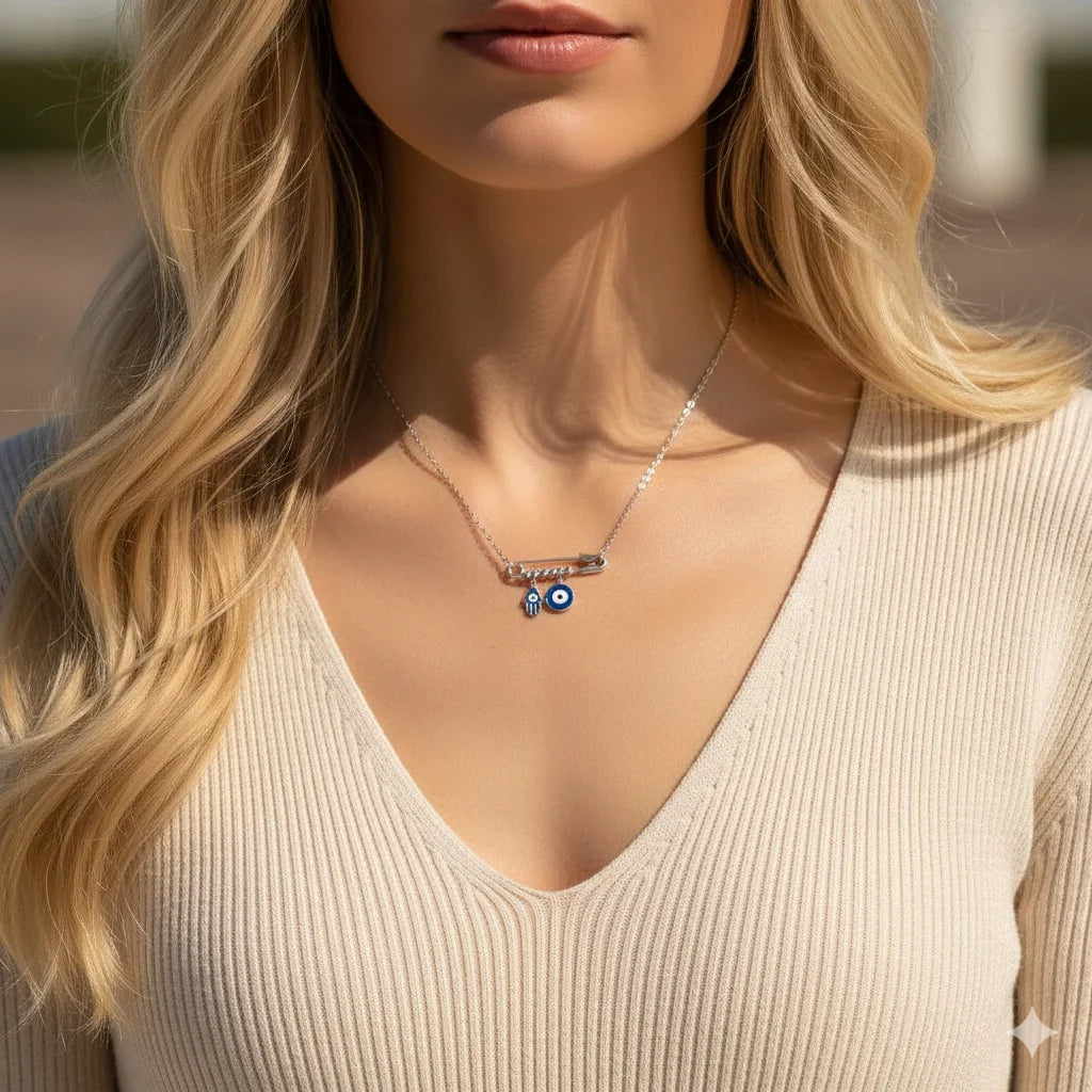 Sterling Silver Evil Eye & Hamsa Hand Charm Necklace