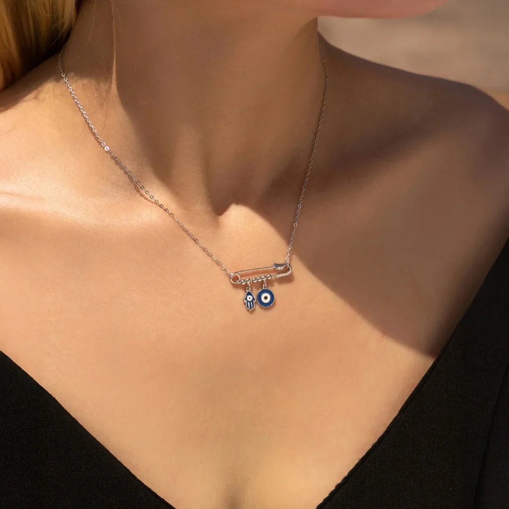 Sterling Silver Evil Eye & Hamsa Hand Charm Necklace