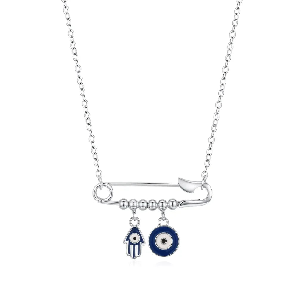 Sterling Silver Evil Eye & Hamsa Hand Charm Necklace