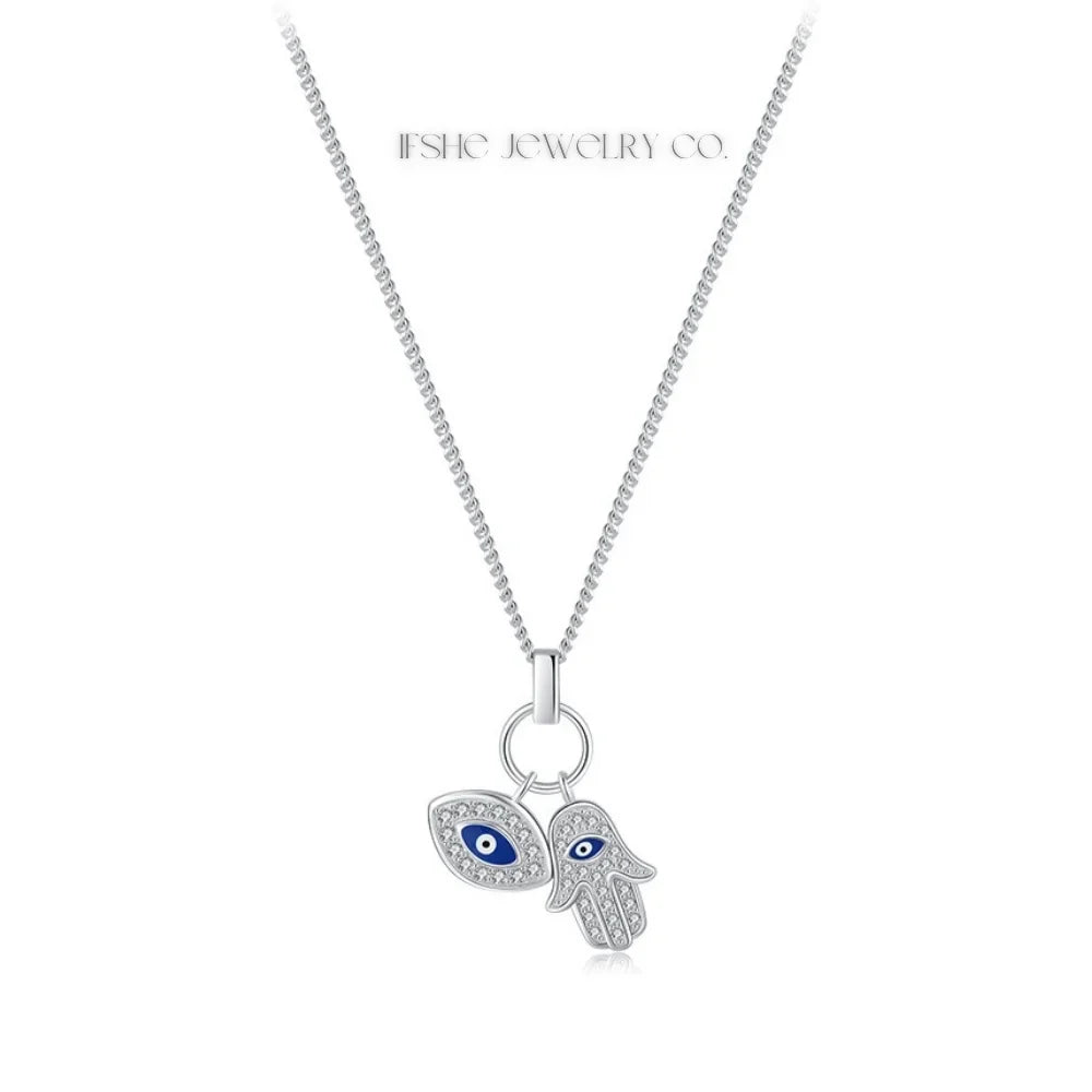Sterling Silver Evil Eye Necklace - Turkish Blue Eye Necklace - Hamsa Hand Necklace