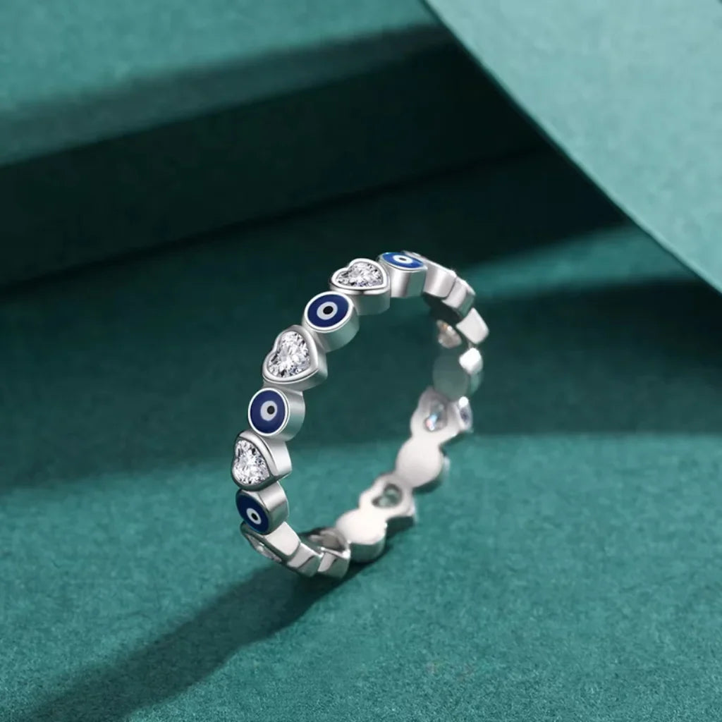Sterling Silver Evil Eye Ring with Heart Shaped Zircons