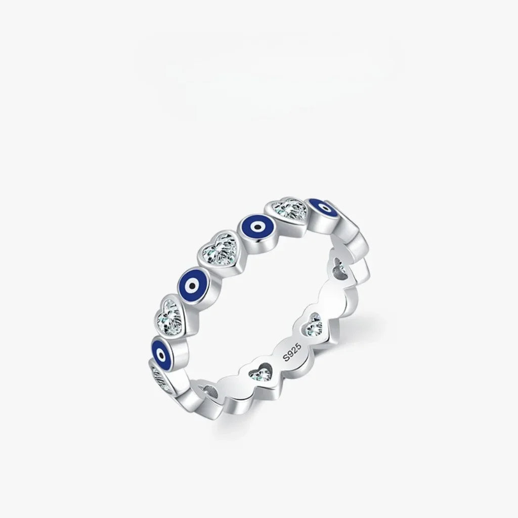 Sterling Silver Evil Eye Ring with Heart Shaped Zircons