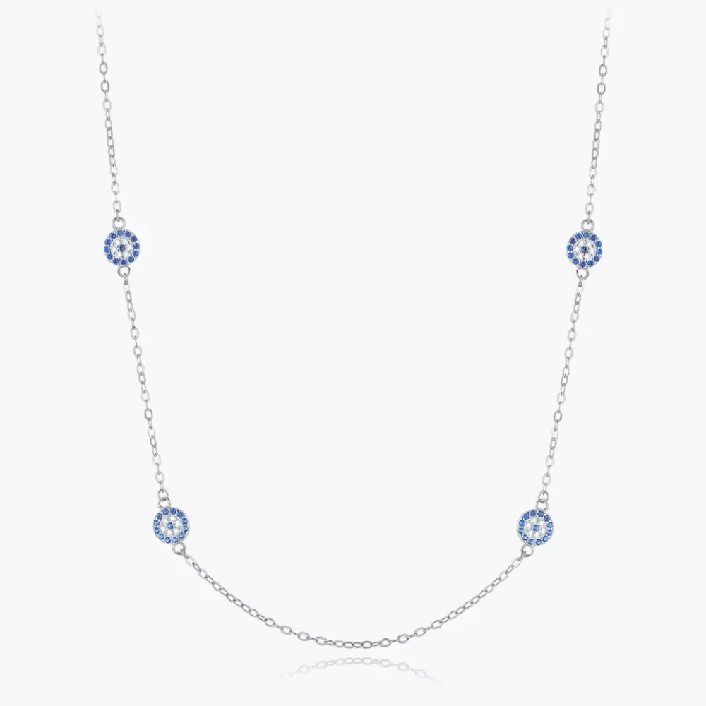 Sterling Silver Four Evil Eye Charm Necklace - Turkish Blue Eye Necklace