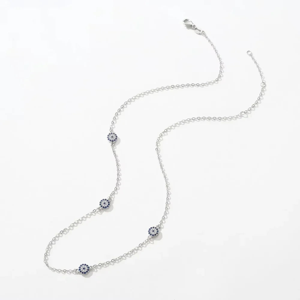 Sterling Silver Four Evil Eye Charm Necklace - Turkish Blue Eye Necklace