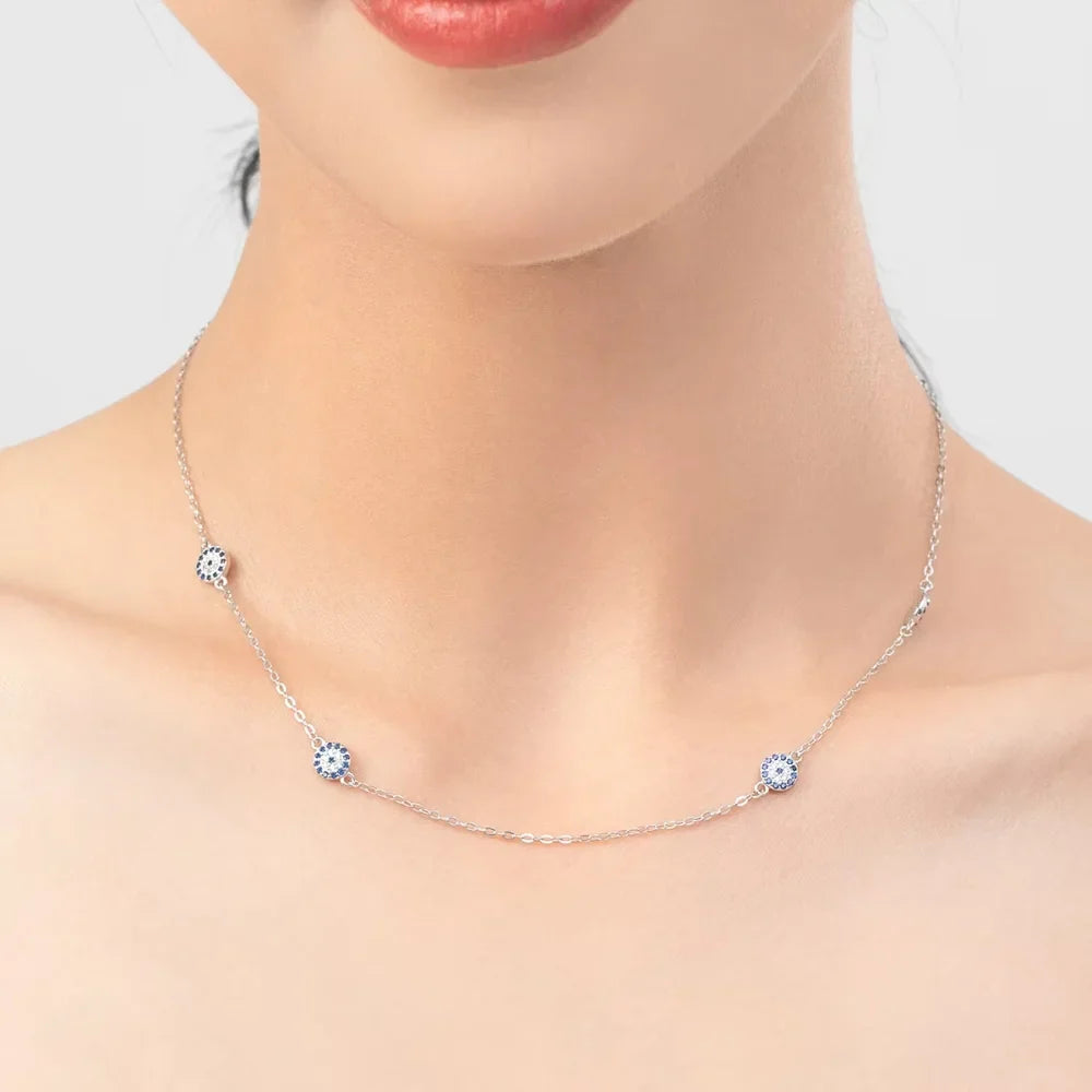 Sterling Silver Four Evil Eye Charm Necklace - Turkish Blue Eye Necklace