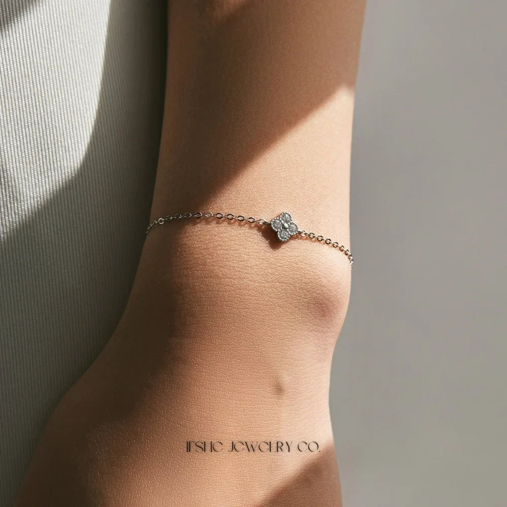Sterling Silver Four Leaf Clover CZ Link Bracelet for Women