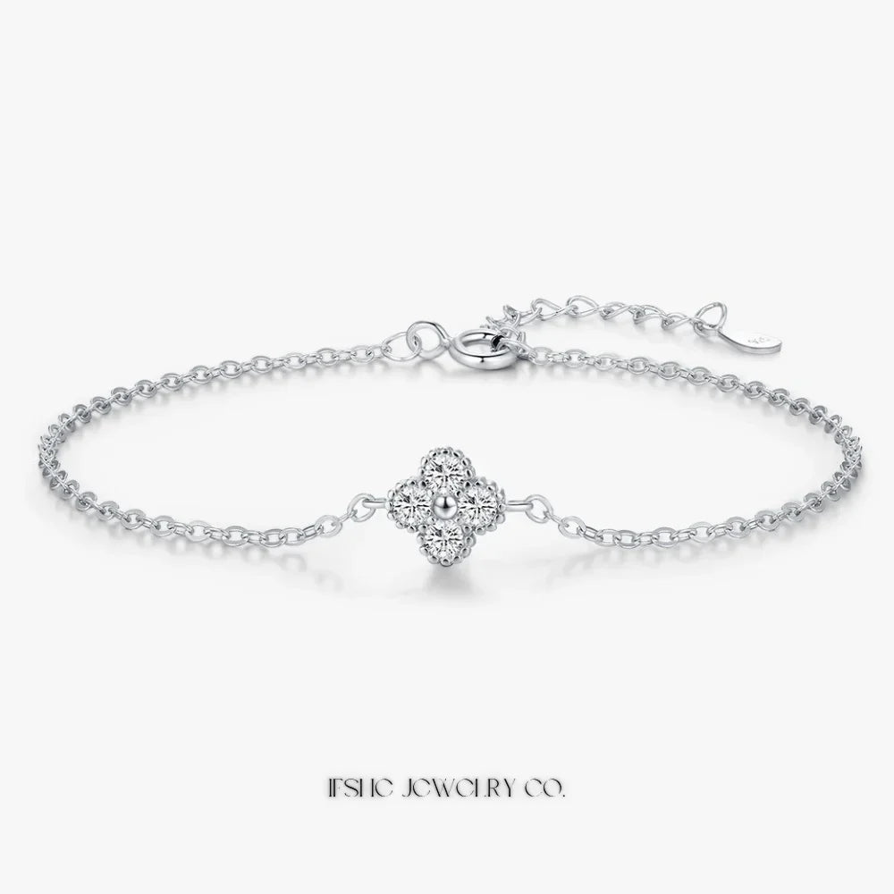 Sterling Silver Four Leaf Clover CZ Link Bracelet for Women