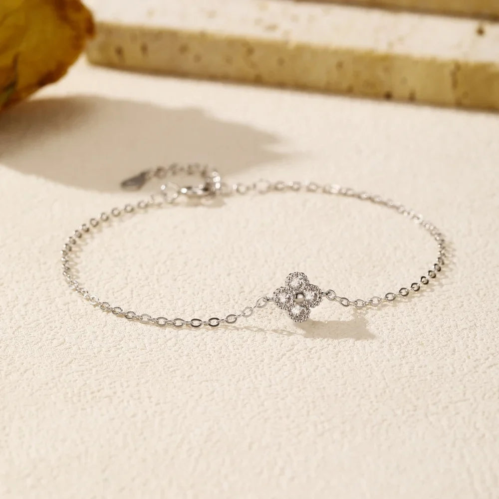 Sterling Silver Four Leaf Clover CZ Link Bracelet for Women