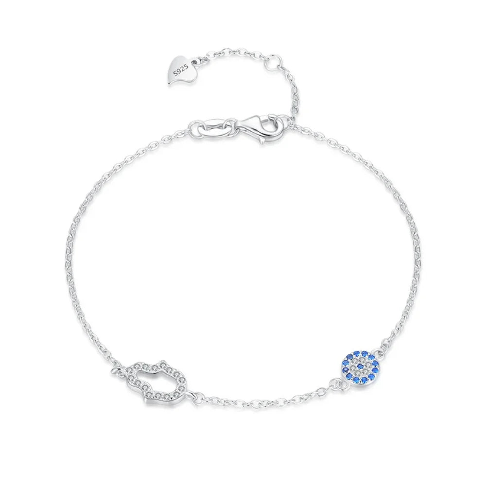 Sterling Silver Hamsa Hand and Evil Eye Bracelet - Lucky Eye Bracelet