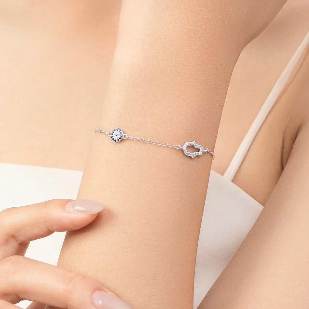 Sterling Silver Hamsa Hand and Evil Eye Bracelet - Lucky Eye Bracelet