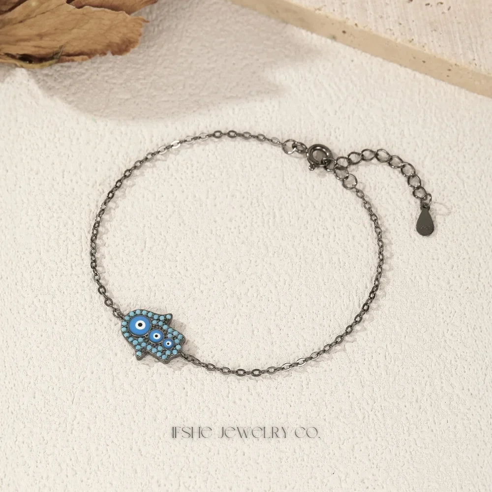 Sterling Silver Hamsa Hand Evil Eye Bracelet with Turquoise Charm