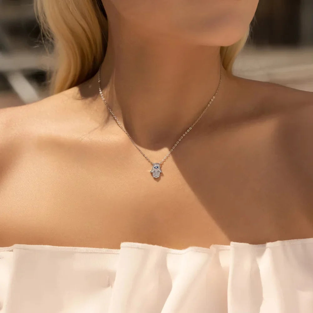 Sterling Silver Hamsa Hand & Evil Eye Necklace