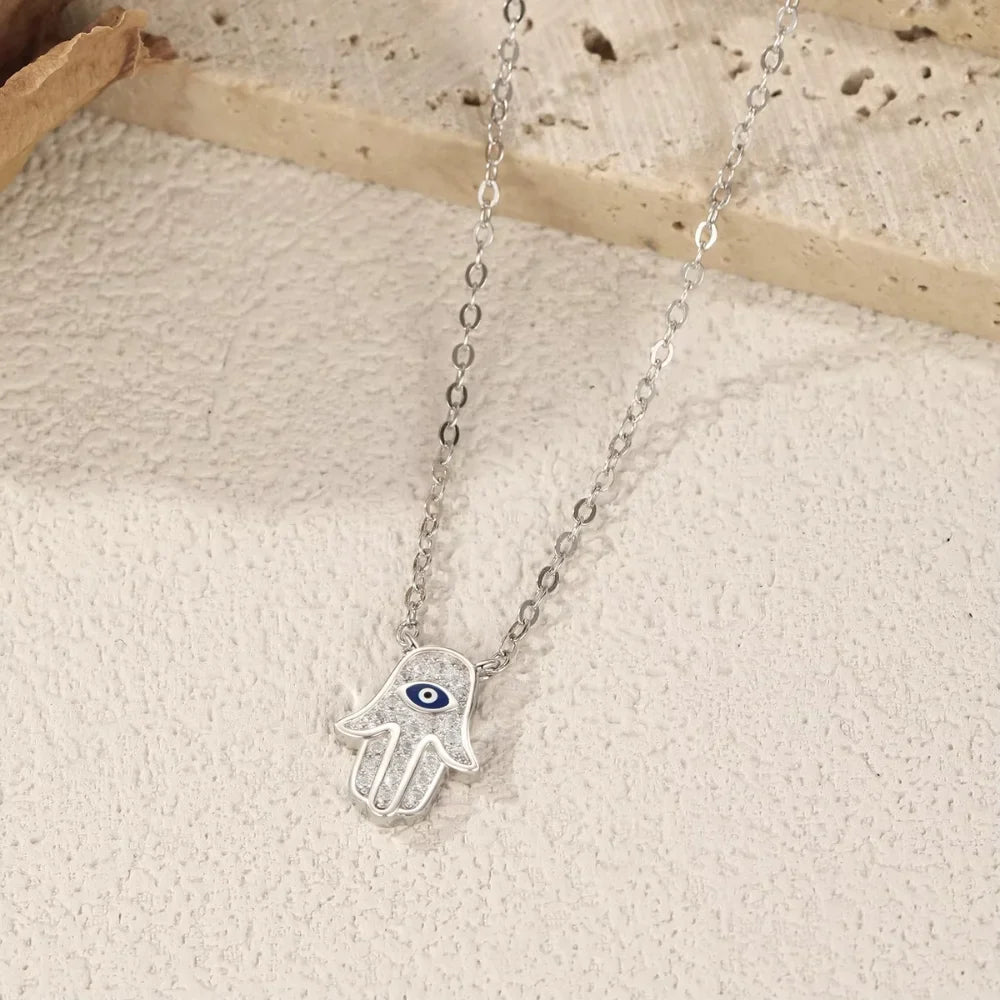 Sterling Silver Hamsa Hand & Evil Eye Necklace