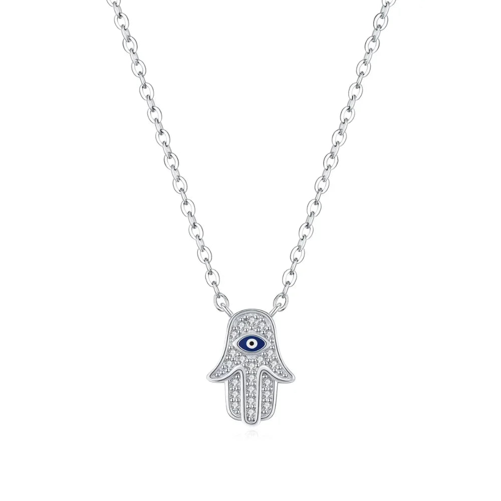 Sterling Silver Hamsa Hand & Evil Eye Necklace