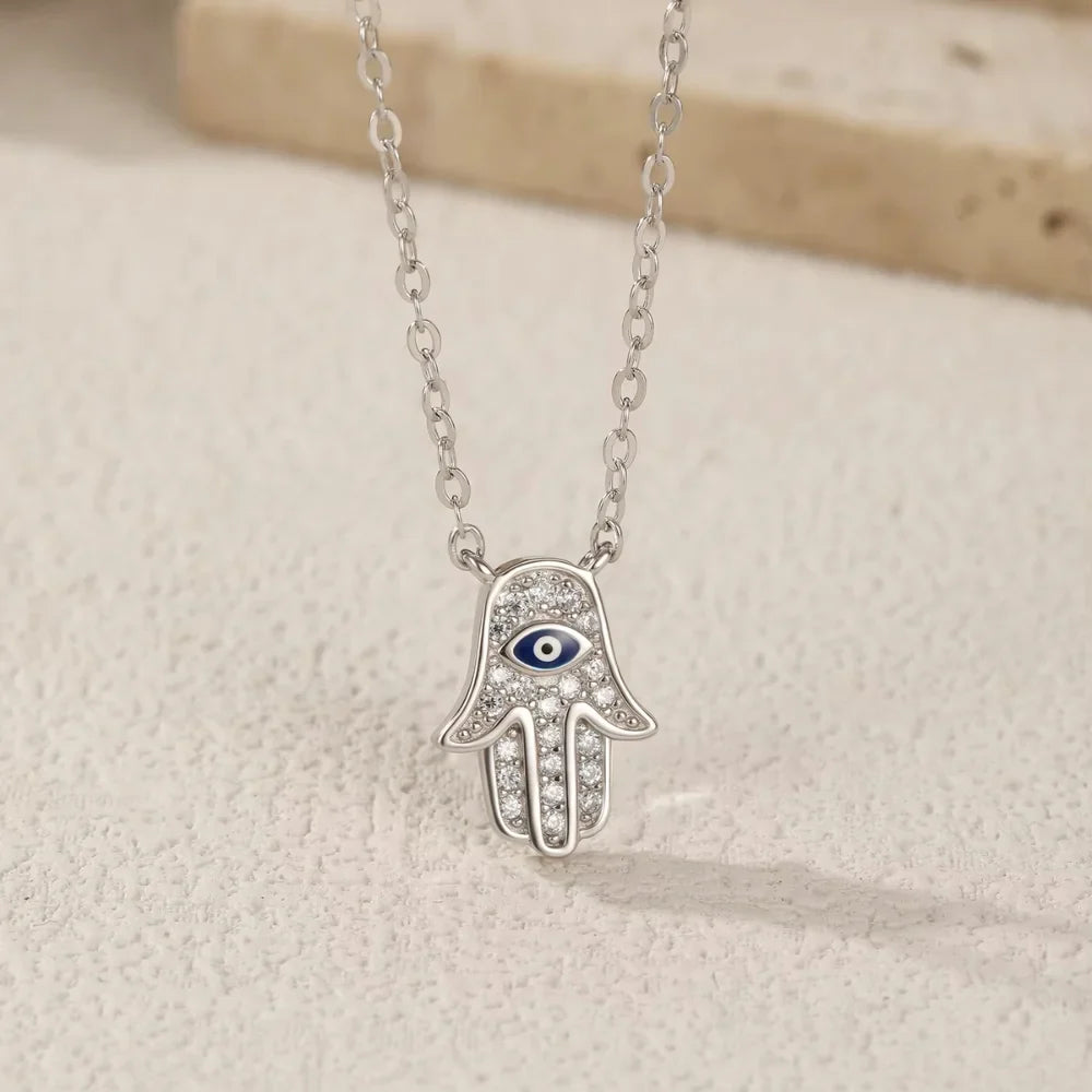 Sterling Silver Hamsa Hand & Evil Eye Necklace