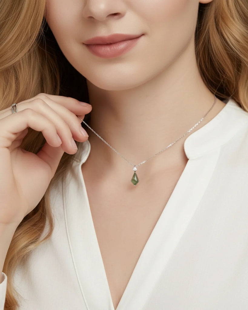 Sterling Silver Moss Agate Kite Cut Pendant Necklace
