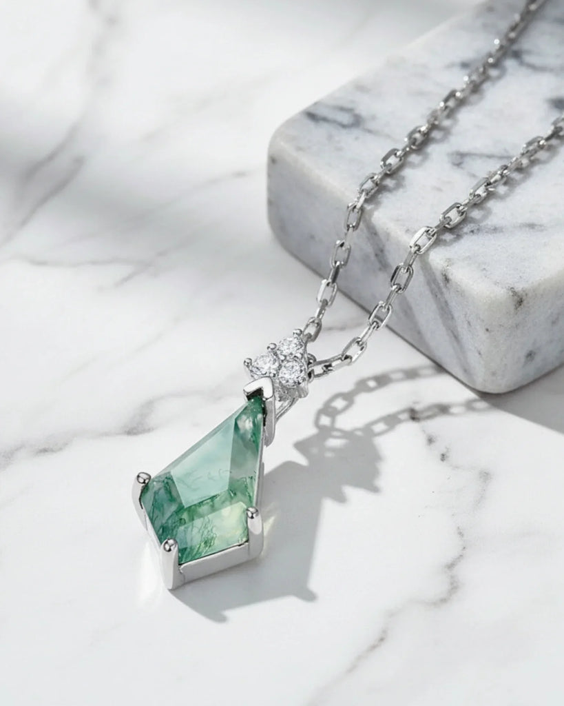Sterling Silver Moss Agate Kite Cut Pendant Necklace