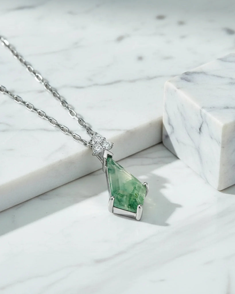 Sterling Silver Moss Agate Kite Cut Pendant Necklace