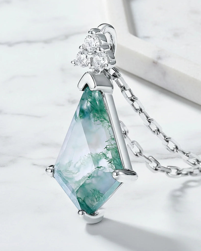 Sterling Silver Moss Agate Kite Cut Pendant Necklace