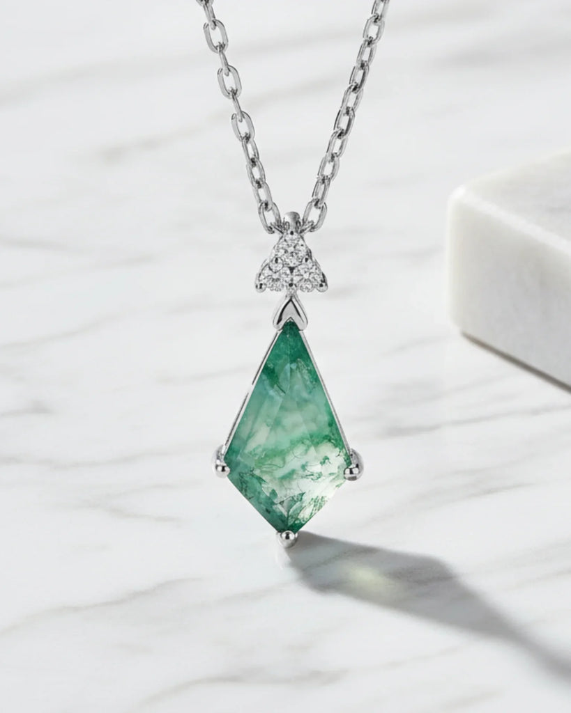 Sterling Silver Moss Agate Kite Cut Pendant Necklace