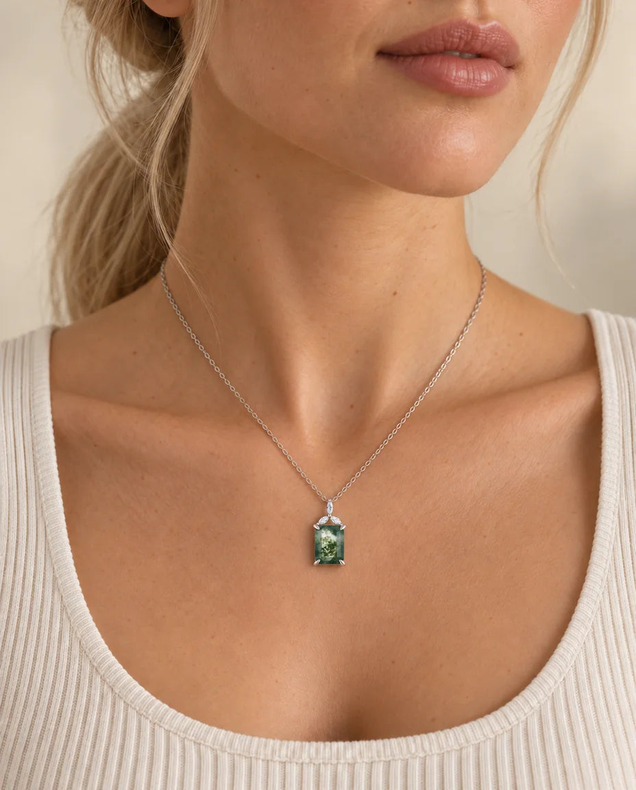 Moss Agate Necklace - worn on a model