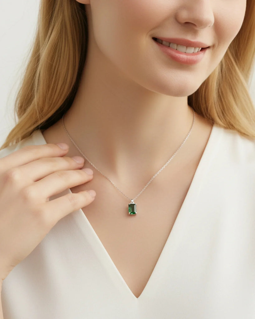 Sterling Silver Moss Agate Pendant Necklace Emerald Cut